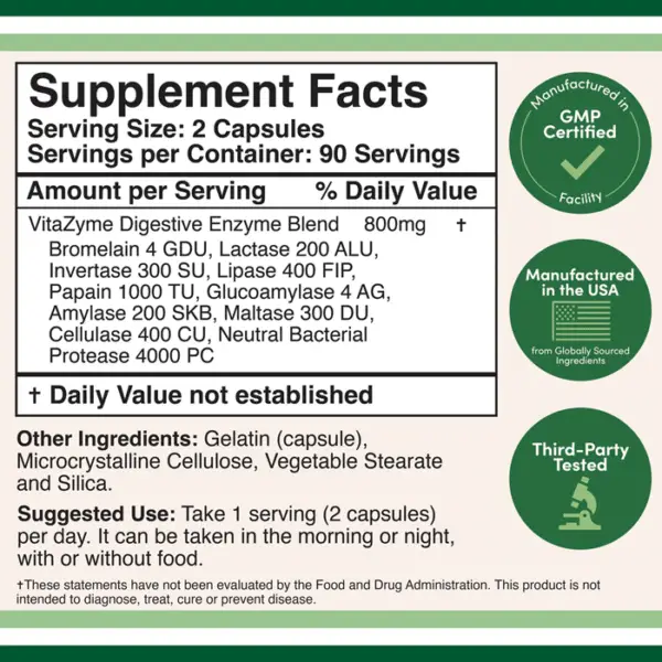 Digestive Enzymes Double Wood Supplement 800 mg Per Serving 180 Capsules - Image 2