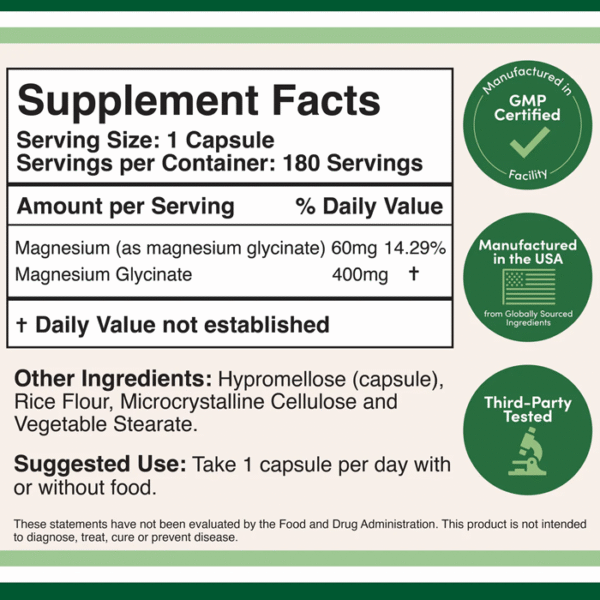 Magnesium Glycinate Double Wood Supplement 400 mg 180 Capsules - Image 2
